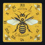 French Bee Honeycomb Family Name Elegant Honeybee Square Wall Clock<br><div class="desc">This gorgeous, square honeybee wall clock shows a large bee over a light, bright honeycomb background. The yellow and black bee has gossamer white-blue wings that are spread out like it's ready to fly. The background is a pretty golden beehive honeycomb pattern. Four more, smaller bees make up the clock's...</div>
