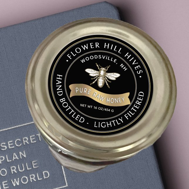 French Bee with Gold Banner Honey Label Black (Creator Uploaded)