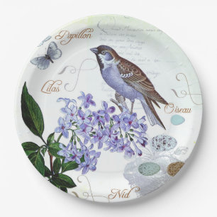 French Bird Floral Collage Vintage Look Paper Plate