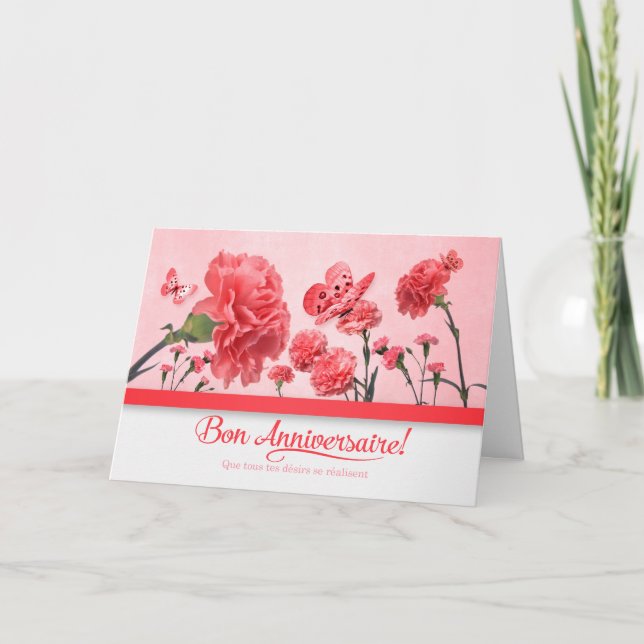 French Birthday Bon Anniversaire Pink Carnations Card (Front)
