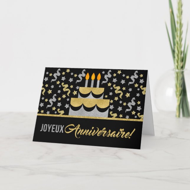 FRENCH Birthday in Gold and Silver Faux Glitter Card (Front)