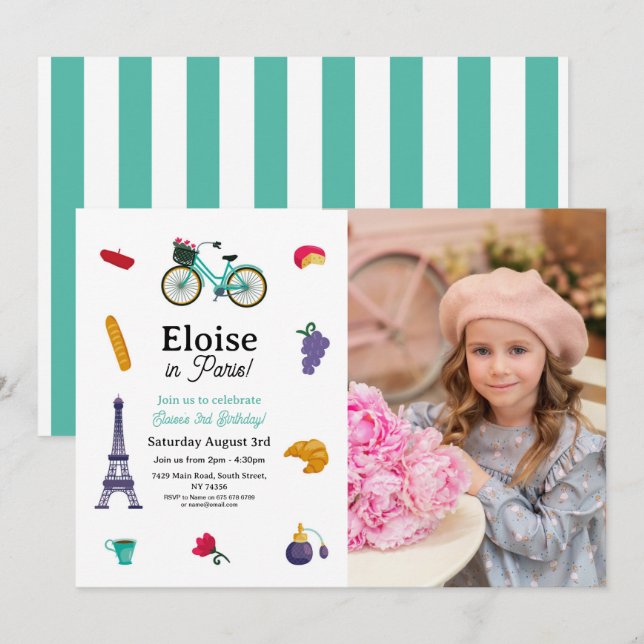 French Birthday Paris Girls Fun - Any Age Photo Invitation (Front/Back)