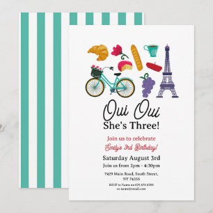 French Birthday Paris Oui Oui Three Girls  Invitation