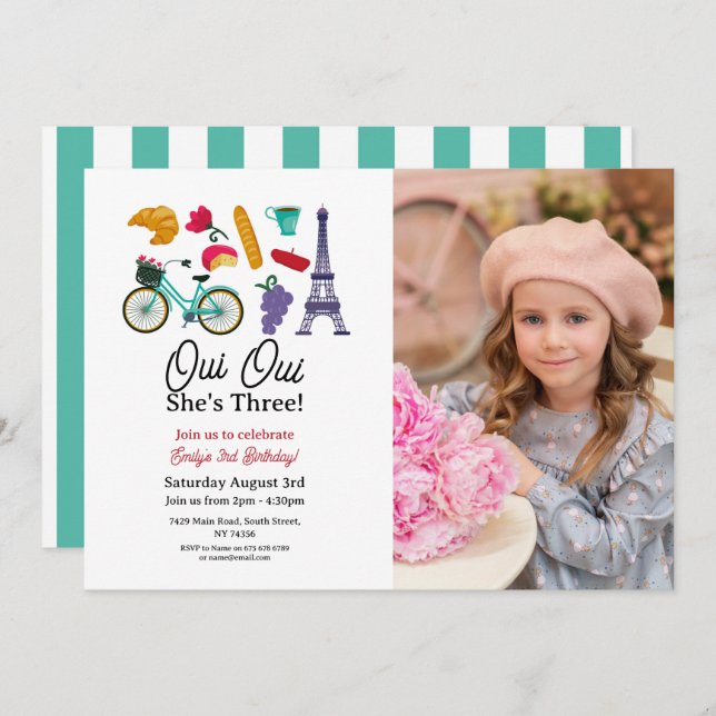 French Birthday Paris Oui Oui Three Girls Photo Invitation (Front/Back)