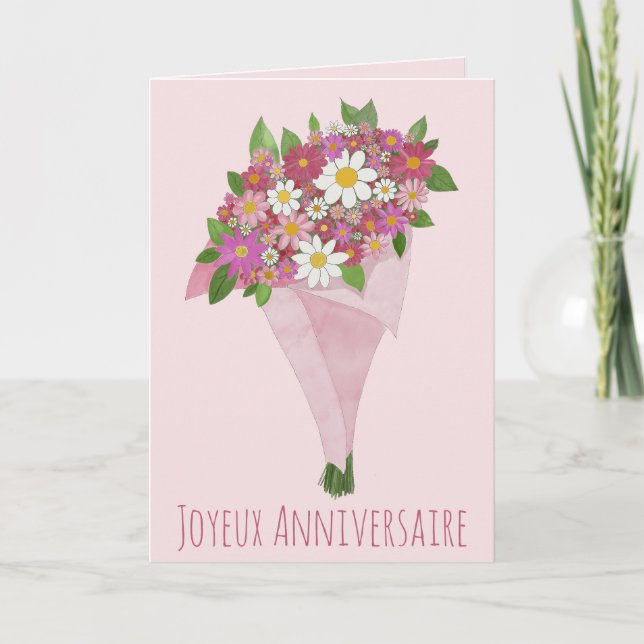 French Birthday Pink bouquet of flowers Card (Front)