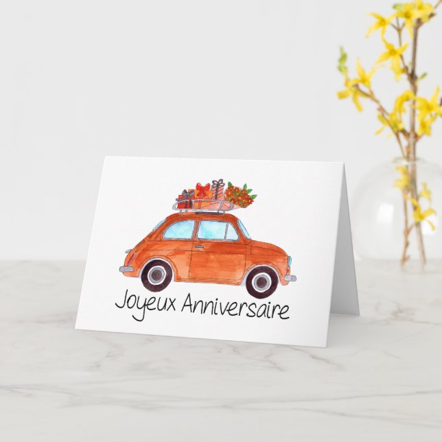 French Birthday Retro Fiat 500 Card (Yellow Flower)