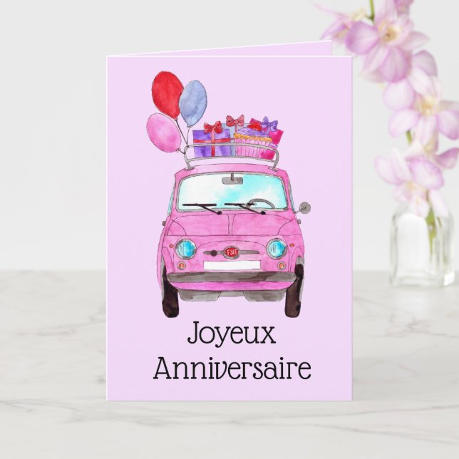 French Birthday Retro Fiat 500 Card (Orchid)