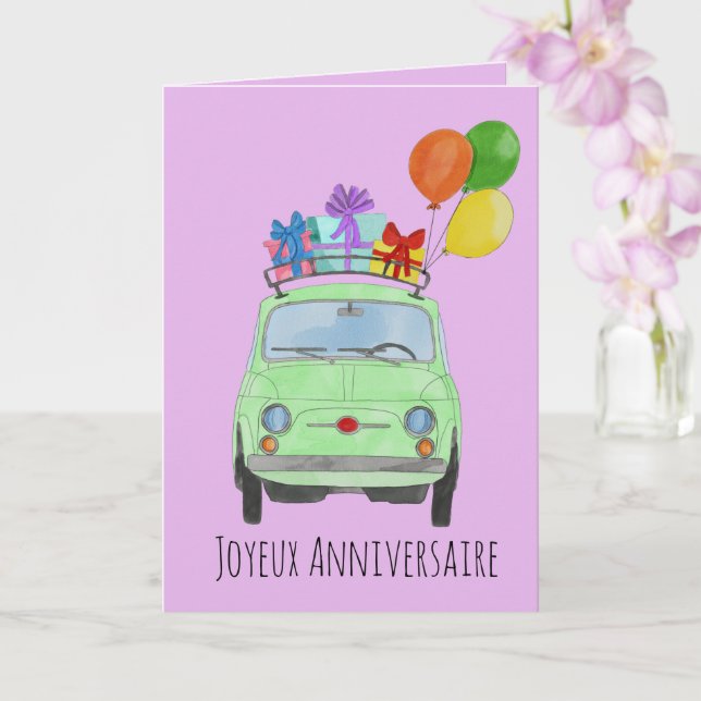 French Birthday Retro Fiat 500 Card (Orchid)