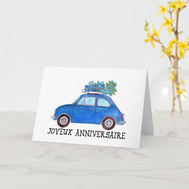 French Birthday Retro Fiat 500 Card (Yellow Flower)