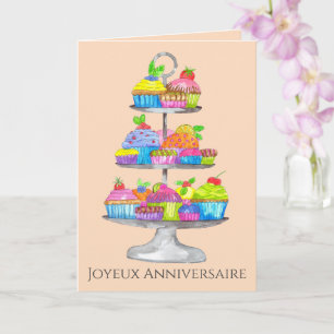 French Birthday Watercolor cupcakes  Card