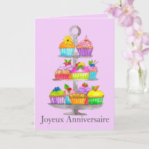 French Birthday Watercolor cupcakes  Card