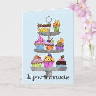 French Birthday Watercolor cupcakes  Card