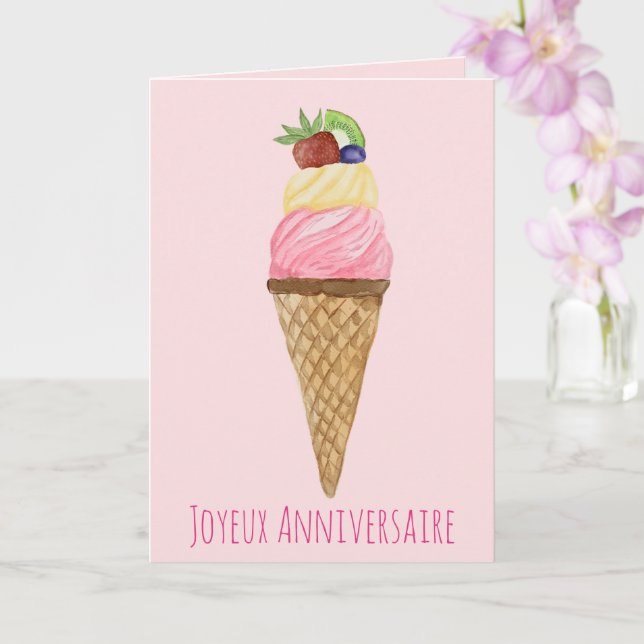 French Birthday Watercolor Ice Cream  Card (Orchid)
