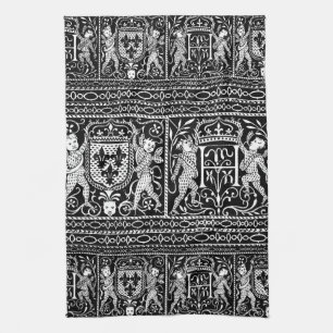 French Black and White Mediaeval Pattern Monogram Tea Towel