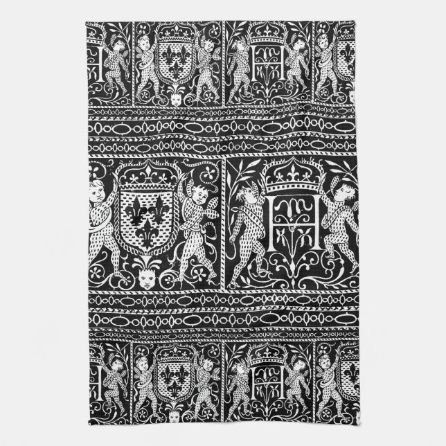 French Black and White Mediaeval Pattern Monogram Tea Towel (Vertical)