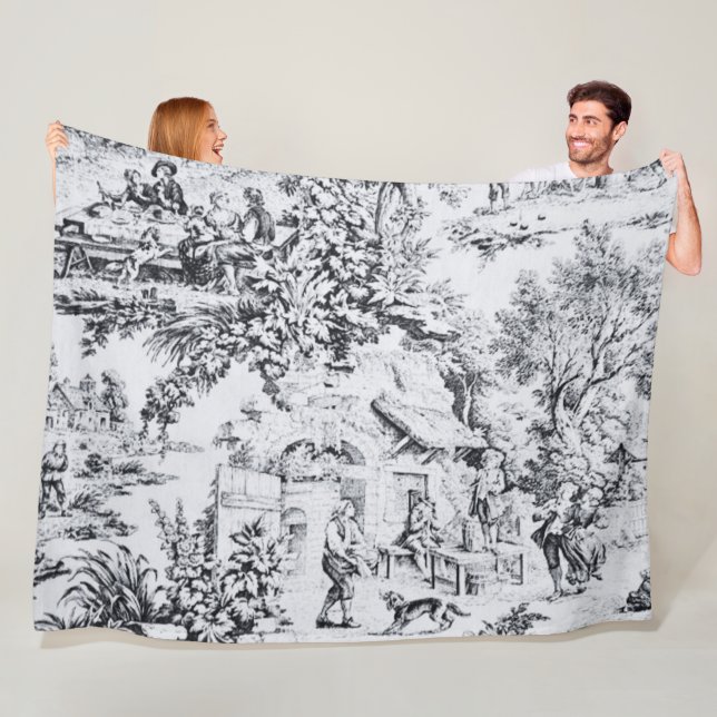 French Black White Toile Chinoiserie Rustic Style  Fleece Blanket (In Situ)