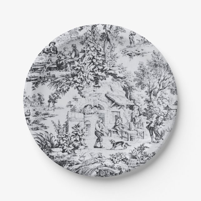 French Black White Toile Chinoiserie Rustic Style  Paper Plate (Front)