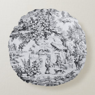 French Black White Toile Chinoiserie Rustic Style  Round Cushion
