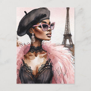French Black Woman Eiffel Tower Art Postcard