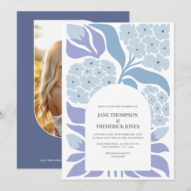 French Blue Abstract Floral Modern Spring Wedding Invitation (Front/Back)