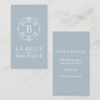 French Blue and White Elegant Monogram Business Card