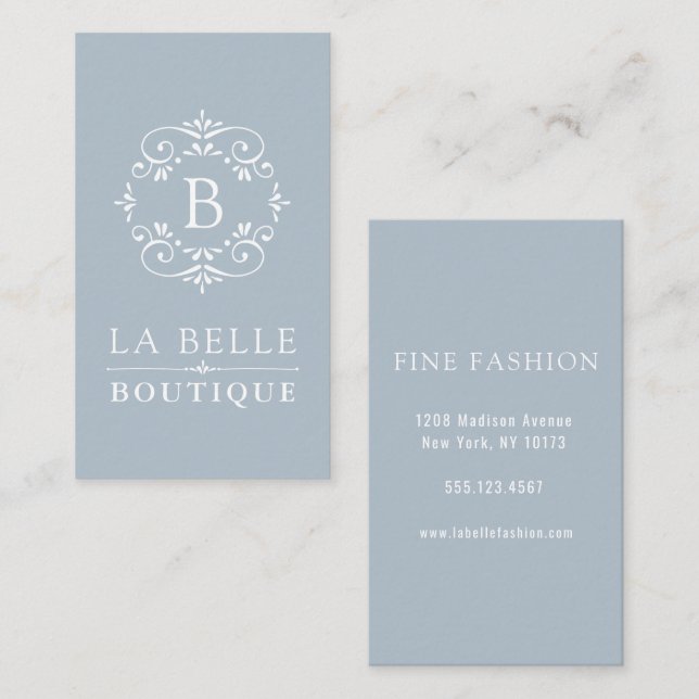 French Blue and White Elegant Monogram Business Card (Front/Back)