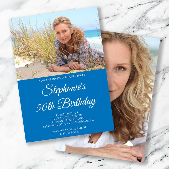 French Blue and White Elegant Script 50th Birthday Invitation (French Blue and White Elegant Script 50th Birthday Invitation)