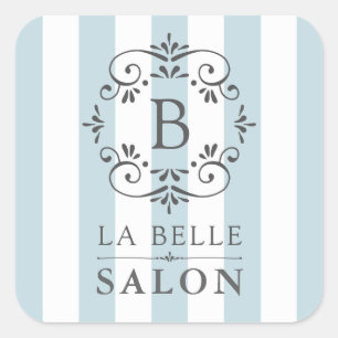 French Blue Awning Stripes with Monogram Square Sticker