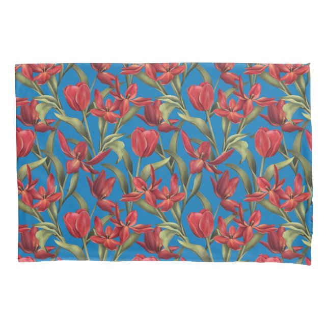 French Blue background with Red Tulips Pillowcase (Front)