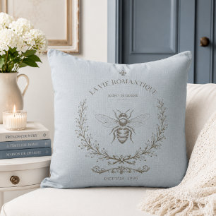 French Blue Bee Engraving   French Country Rustic  Cushion