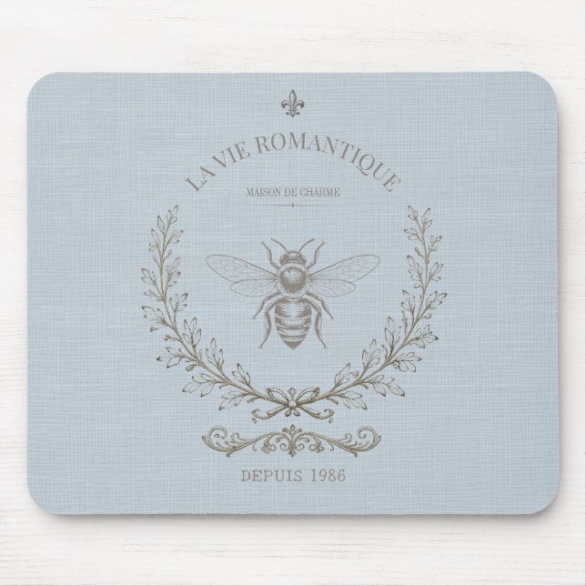 French Blue Bee Engraving | French Country Rustic  Mouse Mat (Front)