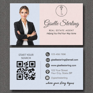 French Blue Blush Photo Real Estate Agent QR Code Business Card