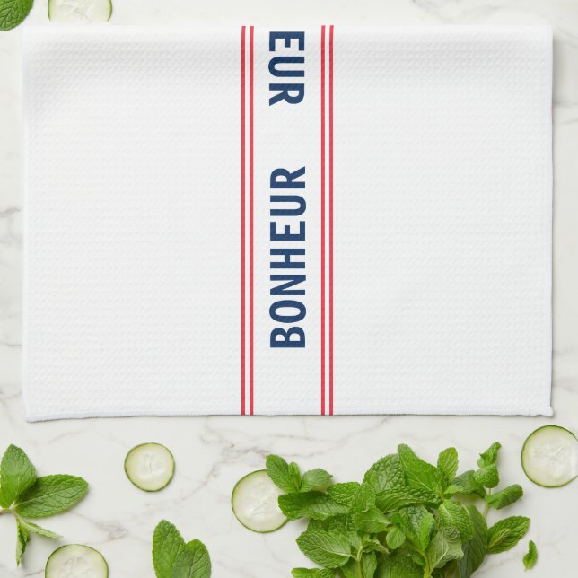French Blue Bonheur & Red Striped Kitchen  Tea Towel (Folded)