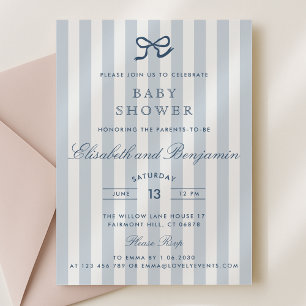 French Blue Bow & Stripes Baby Shower Invitation