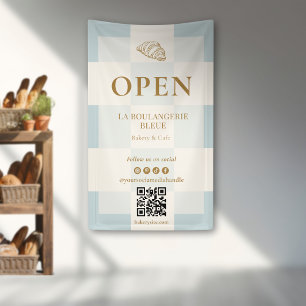 French Blue Checkered Croissant QR Bakery Display Banner