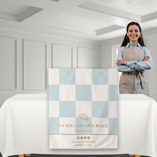 French Blue Checkers Croissant Bakery Table Runner Tapestry (Creator Uploaded)