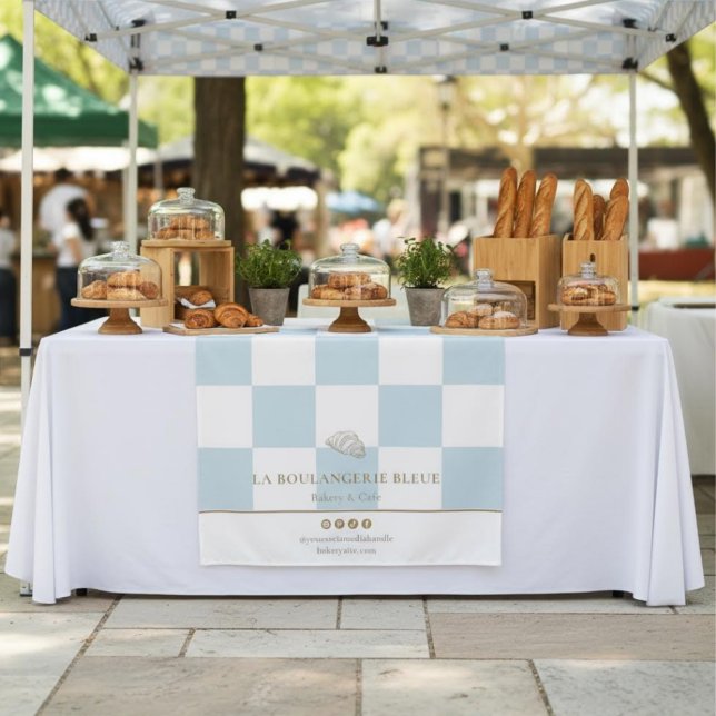 French Blue Checkers Croissant Bakery Table Runner Tapestry (Creator Uploaded)