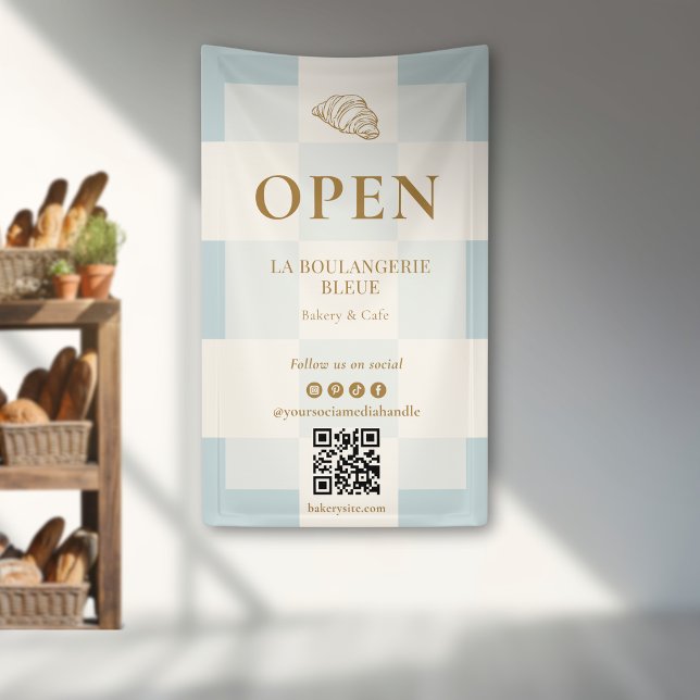 French Blue Chequered Croissant QR Bakery Display Banner (Creator Uploaded)