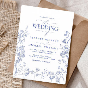 French Blue Chinoiserie Floral Wedding Invitation