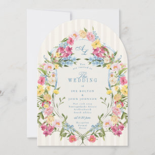 French Blue Colourful Floral Monogram Vintage Cres Invitation