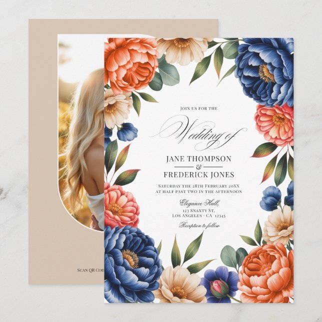 French Blue, Coral, and Sand Beige Floral Wedding Invitation (Front/Back)