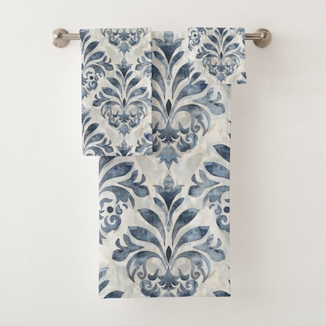 French Blue Damask Towel (Insitu)