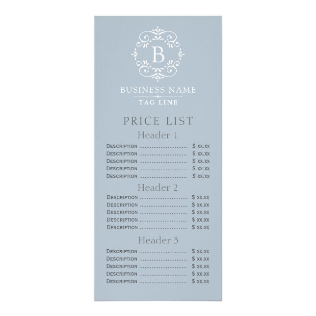French Blue Elegant Monogram Price List Rack Card (Front)