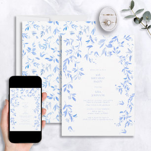 French Blue Floral Botanical 50th Birthday Invitation