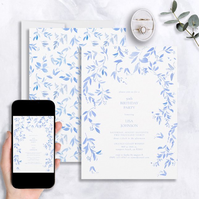 French Blue Floral Botanical 50th Birthday Invitation (Creator Uploaded)