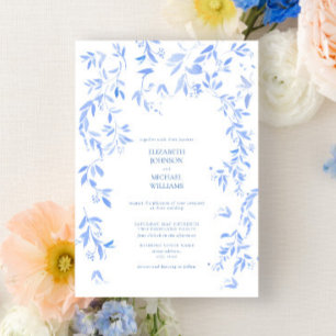 French Blue Floral Botanical Photo Wedding  Invitation