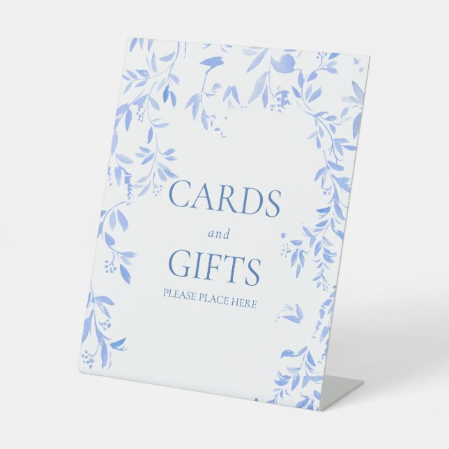 French Blue Floral Botanical Wedding Cards & Gifts Pedestal Sign (Front)