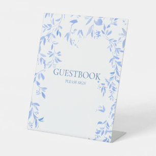 French Blue Floral Botanical Wedding Guestbook Pedestal Sign