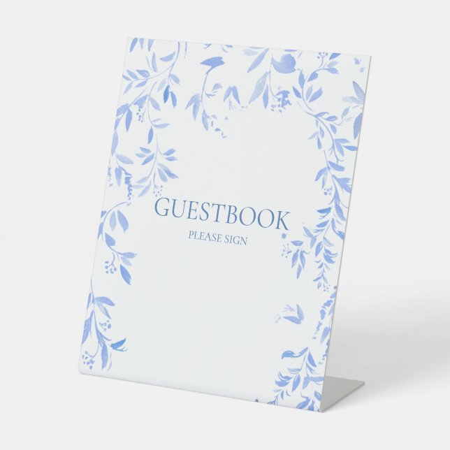 French Blue Floral Botanical Wedding Guestbook Pedestal Sign (Front)