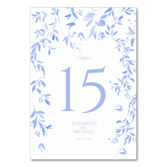 French Blue Floral Botanical Wedding Reception Table Number (Front)